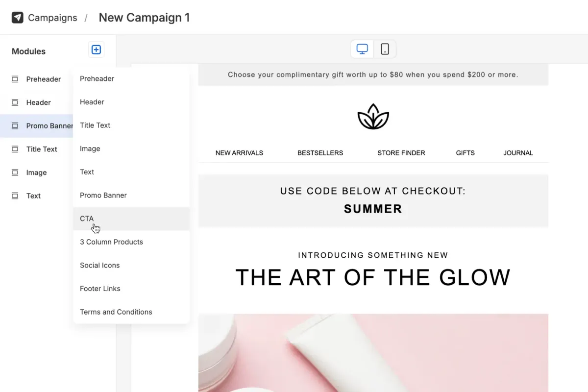 Visual email editor showing modular components being assembled into a campaign