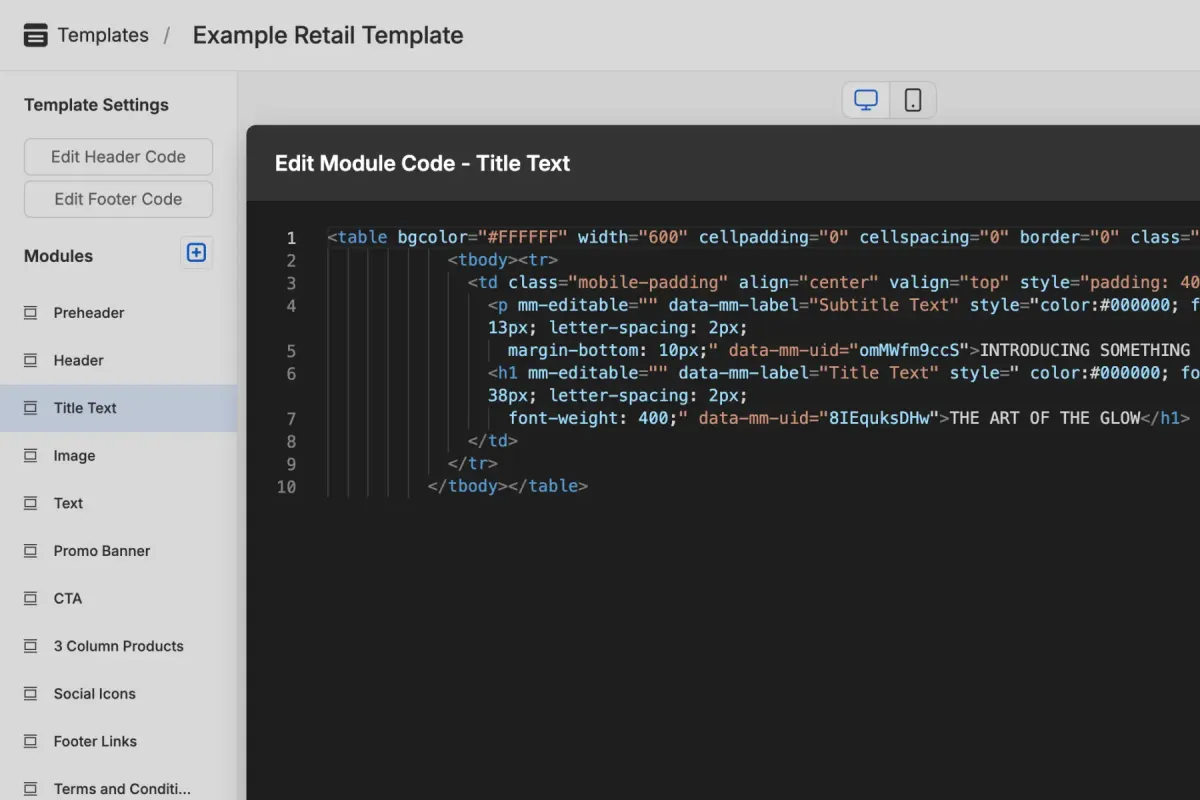 Template builder interface showing HTML file being converted to modular components