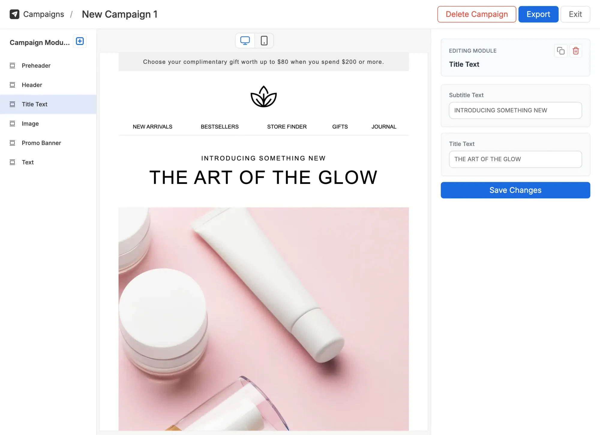 Modular Mail email editor interface showing drag-and-drop template building with locked design elements