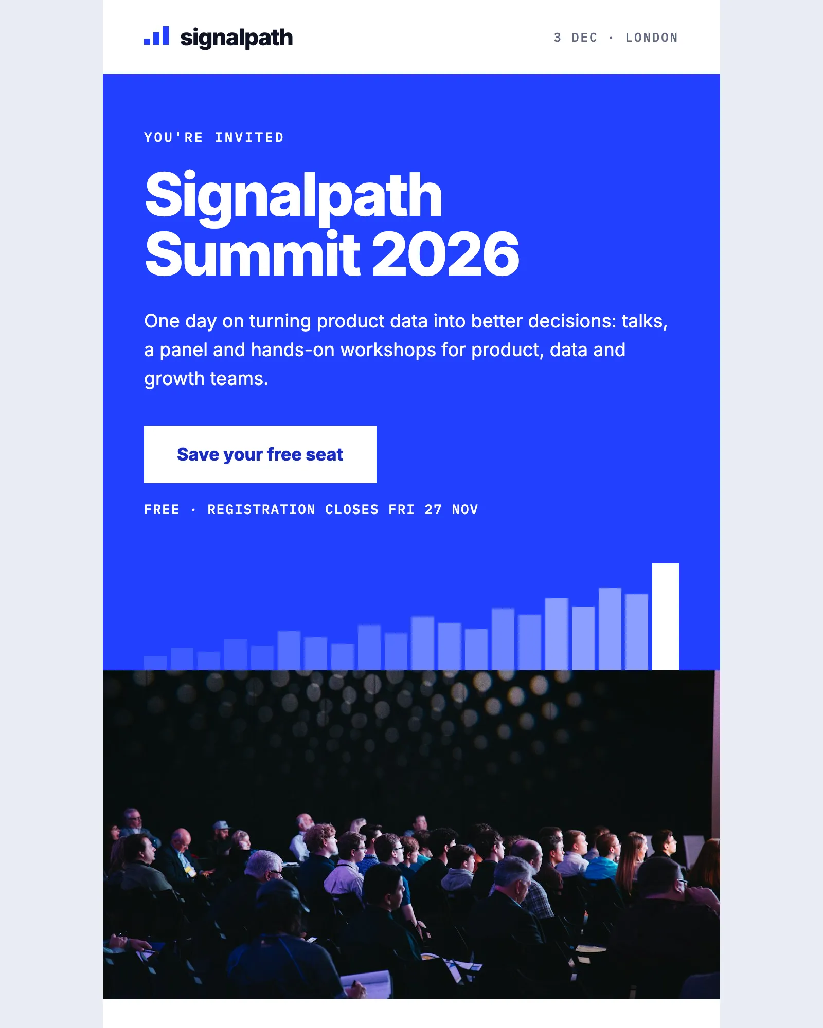The event invitation email template: the Signalpath header, a blue band with the heading “Signalpath Summit 2026”, a Save your free seat button and a bar chart, above a photo of a conference audience.