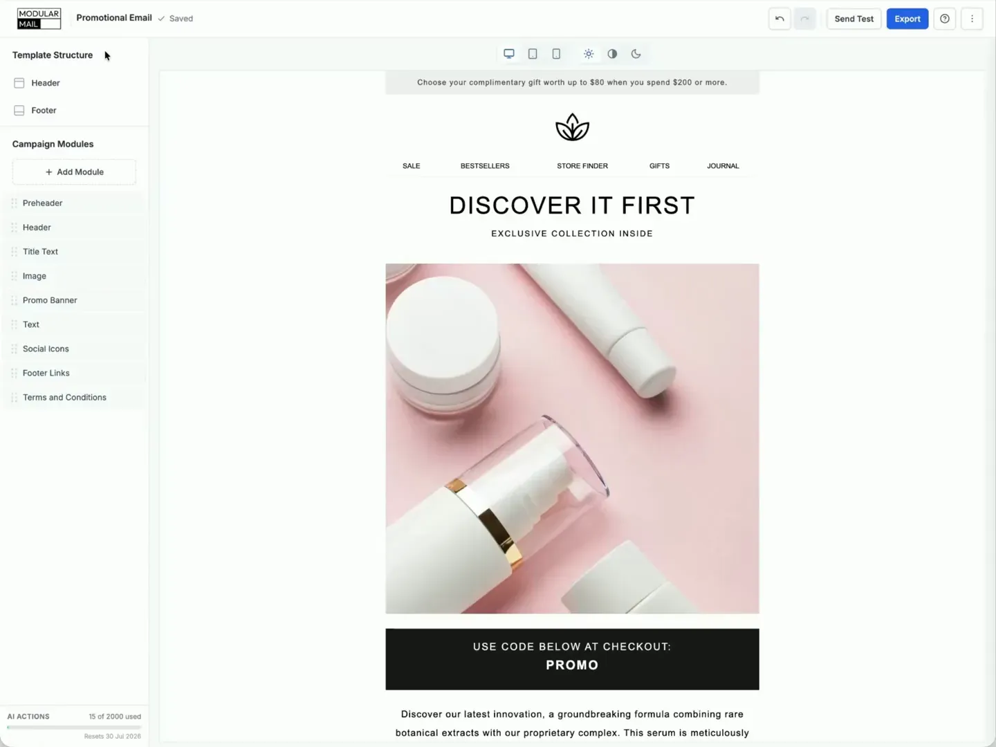 Modular Mail editor showing a campaign built from locked modules and editable content fields